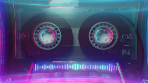 Retro Cassette Tape With Neon Glitch Equalizer Loop Background