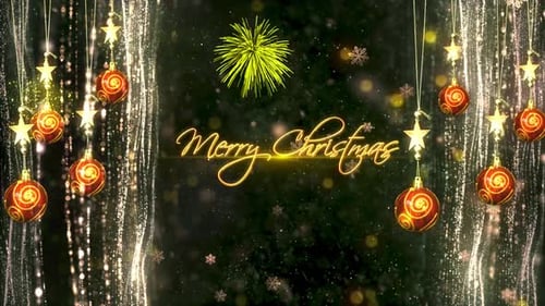 Sparkling Merry Christmas Message with Golden Ornaments and Glitter Background