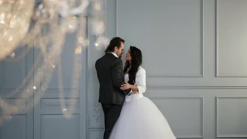 Loving Groom and Bride are Embracing and Kissing in Solemn Hall