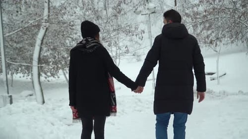 Junger Mann und Frau gehen im schneebedeckten Winterpark spazieren und halten sich an den Händen. Winter Outdoor Freizeit