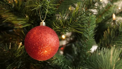 Sparkling Red Bauble Hanging on Christmas Tree