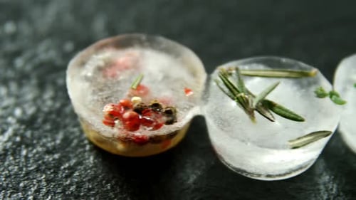 Macro Shot of Three Herb and Spice Ice Cubes