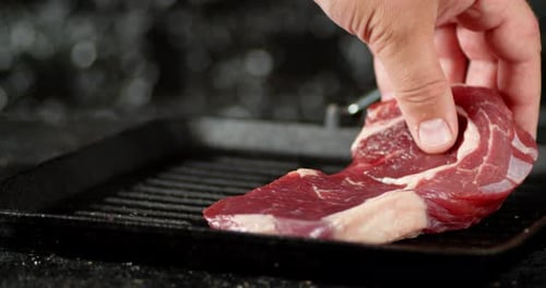 The Men's Hand Puts Raw Ribeye Steak in a Frying Pan.