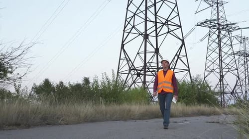 Engineer Walking Near Electrical Towers Inspecting Infrastructure
