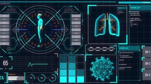 Animation des menschlichen Körpers auf einem Bildschirm analysiert, Lunge und Herzschlag analysiert, medizinische Informationen