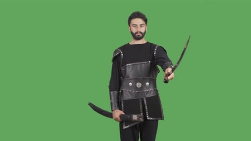 Medieval soldier. Historical reenactment. Green Screen Video.