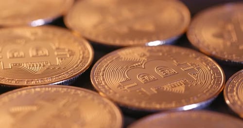 Close Up of Golden Bitcoin Cryptocurrency Coins