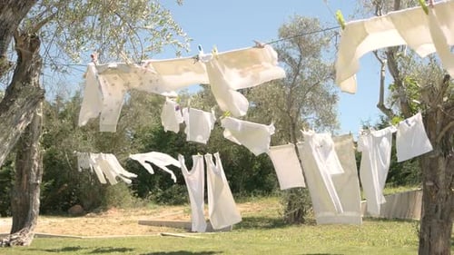White Laundry Drying on Clothesline in Rural Setting