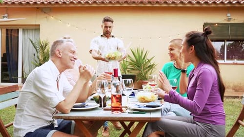 Friends Gather for Outdoor Meal in Backyard Setting