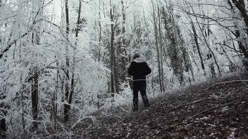 Anonymous man walking on snowy path