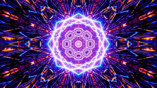 Fliegen in einem Tunnel mit blinkenden blauen und gelben Leuchtstofflampen. Kaleidoskop-Looping-Animation.
