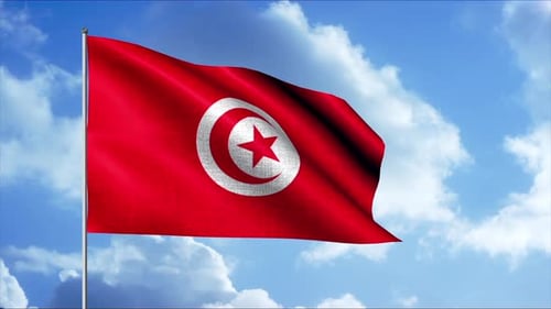 National Flag of Tunisia Waving in Clear Blue Sky