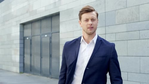 Businessman Waiting Partner on Street. Business Man Checking Time on Wristwatch