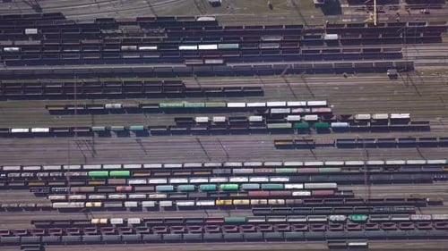 Aerial View of Railway Sorting Station and A Lot of Wagons at a Railway