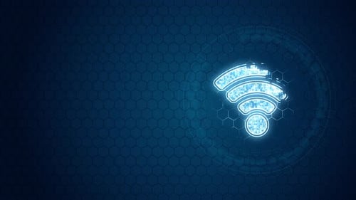 Blue digital WIFI logo with circle rotation on hexagon shape background