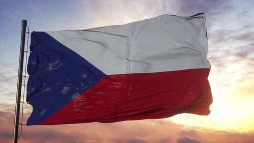 Realistic Czech Flag Waving in Golden Sunset Sky