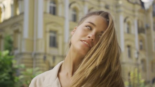Portrait Smiling Young Woman Taking Off the Towel From Her Hair and Drying It Smiling Happily While