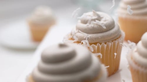 Cupcakes Topped with Whipped Frosting and Coconut Flakes