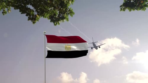 Waving Egypt Flag with Airplane and Modern City Skyline