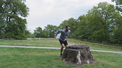 Man Doing Squat Jumps on Tree Stump in Park