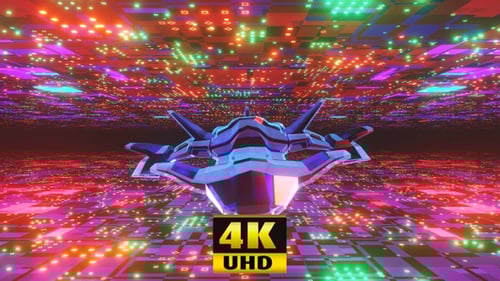 Neon Futuristic Spaceship Flying Through Digital Circuit Tunnel