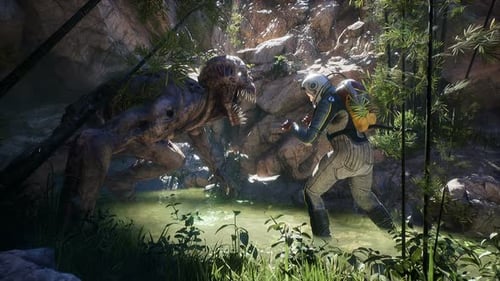 Futuristic Astronaut Battles Alien Monster in Lush Jungle