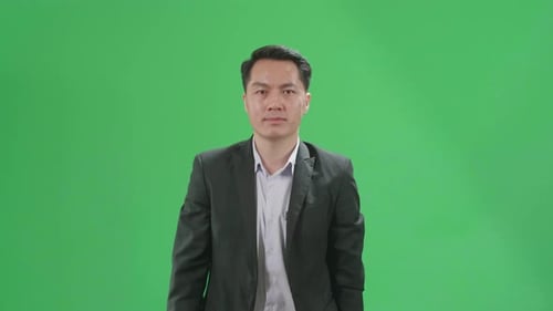 Asian Business Man Walking On Green Screen Chroma Key