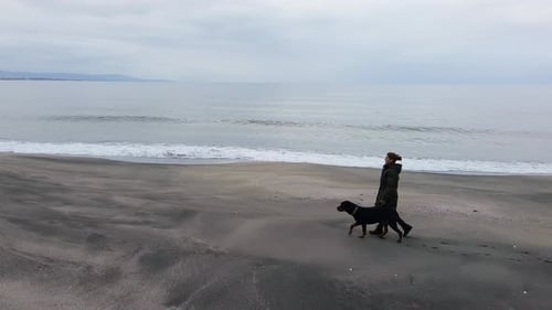 A Girl Walks with a Rottweiler Dog on a Leash Along the Beach in Cold Weather