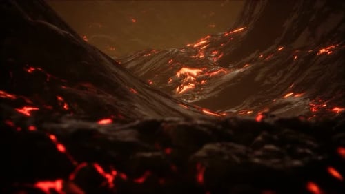 Rot-orange lebendige geschmolzene Lava fließt auf graues Lavafeld und glänzendes felsiges Land