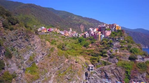 Aerial travel view of Corniglia, Cinque Terre, Italy.