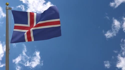 Realistic Waving Iceland Flag on Pole Against Blue Sky