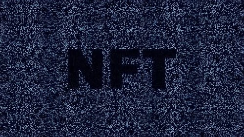 NFT Text Reveal from Blue Digital Pixel Grid Background