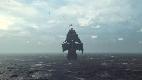 Animated Pirate Ship with Jolly Roger Flag Sailing the Open Sea