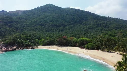 Aerial nature of beautiful shore beach voyage by blue ocean and white sandy background of adventure