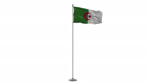 Waving Flag of Algeria on Tall Pole Against White Background