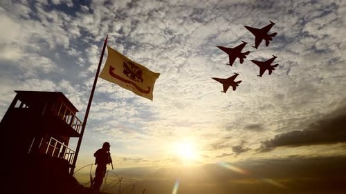 Military Soldier, Flag, and Fighter Jets Flyby at Sunset