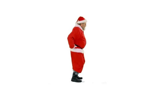 Man in Santa Suit Gesturing on White Background