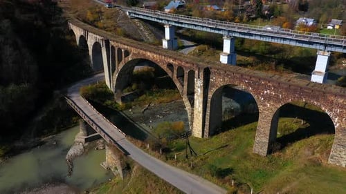 Drone View of Old Bridge Viaduct in Mountain Village Vorokhta Ukraine