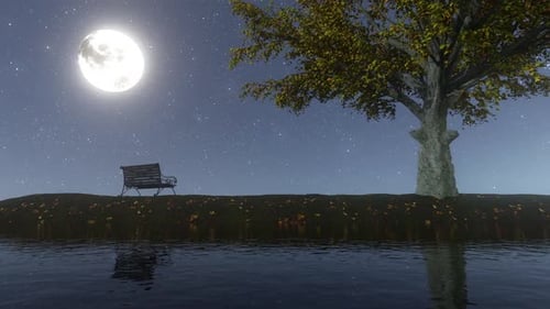 Full Moon Night Scene with Tree, Bench, and Reflective Water