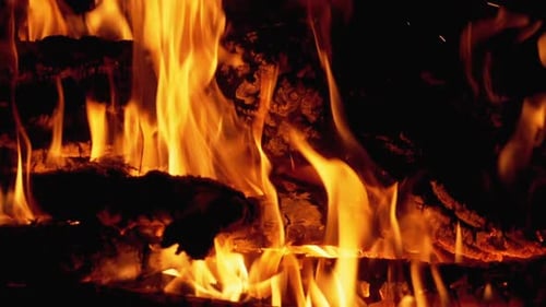 Lagerfeuer. Lagerfeuer aus Ästen brennt nachts. Zeitlupe