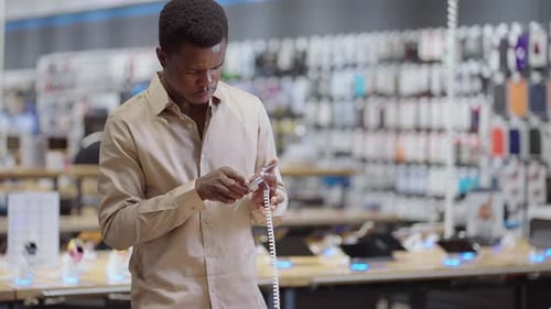 Afroamerican Guy is Shopping in Digital Equipment Store Viewing New Models of Smartphones in