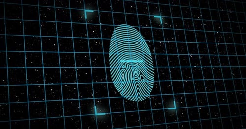 Fingerprint scanner and security padlock over grid against space