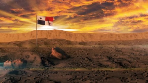 Panama Flag Waving on Martian Landscape with Dramatic Sunset