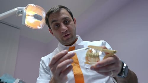 Bottom View of Professional Confident Middle Eastern Doctor Showing Teeth Model Talking in Slow