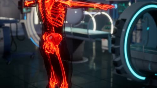 Glowing Human Skeleton 3D Scan in Futuristic Medical Lab