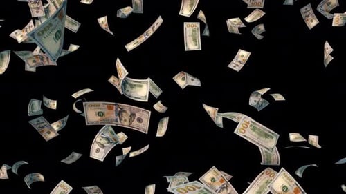 100 USD Dollar Bills Falling with Alpha Channel