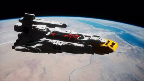 Futuristic Spaceship Orbiting Planet Earth