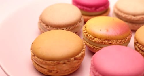 Colorful Macarons Close Up on Pink Plate