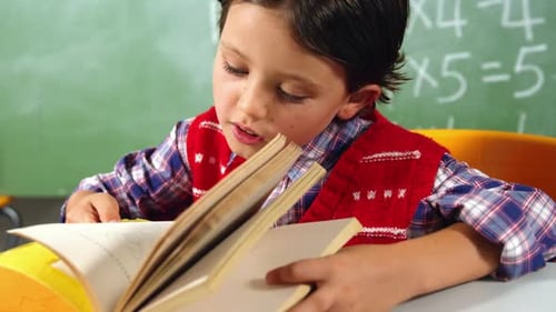 Schüler liest Buch im Klassenzimmer in der Schule