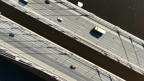 Aerial Shooting Over the Cable-stayed Bridge, Zoom Out From the Cars Over the River